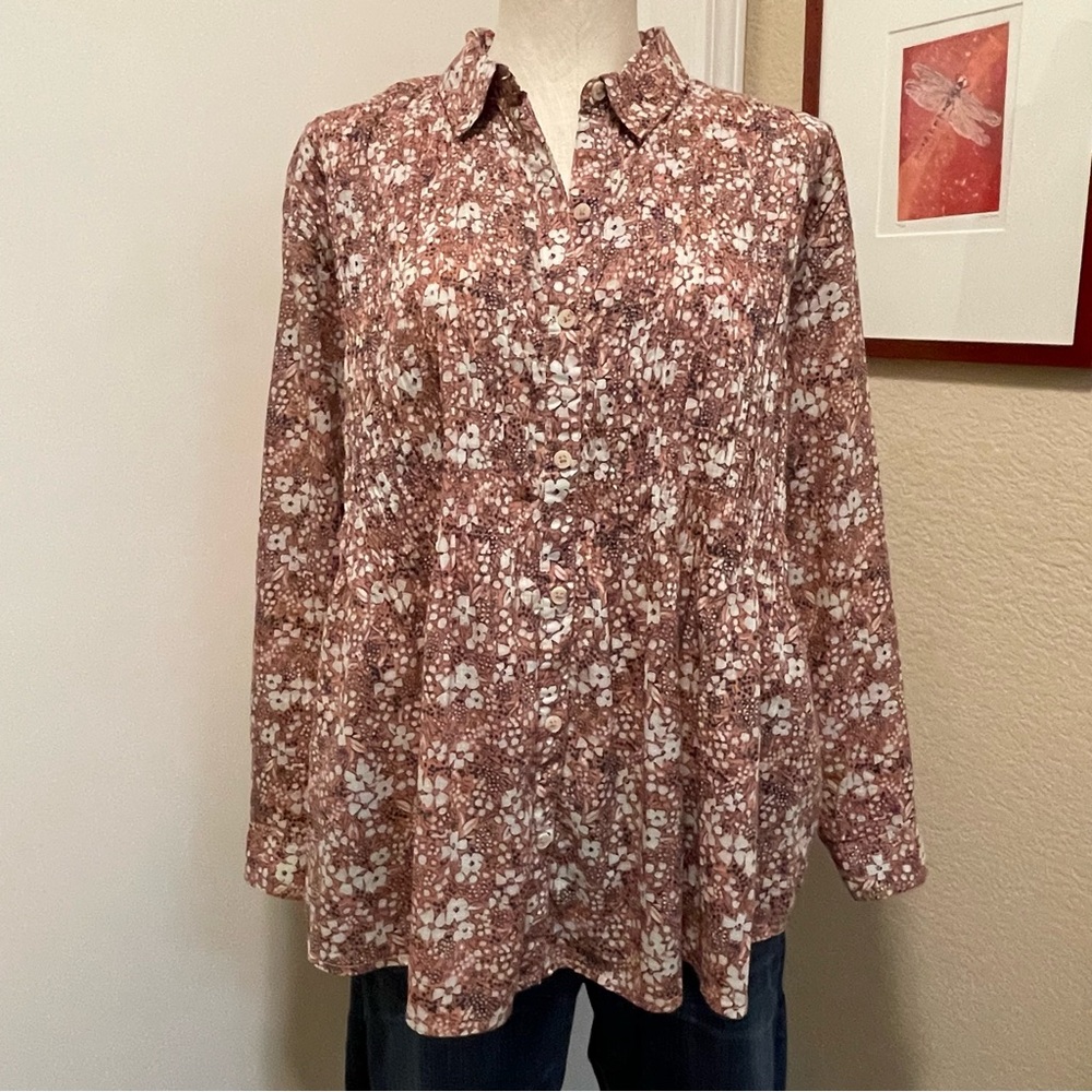 Anthropologie Rose-Tone Floral Button Front Blouse